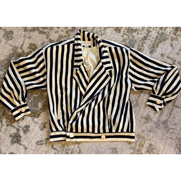 VTG Evan Picone Silk Black White Striped Button Jacket Removable Shoulder Pads 8 - Picture 1 of 4
